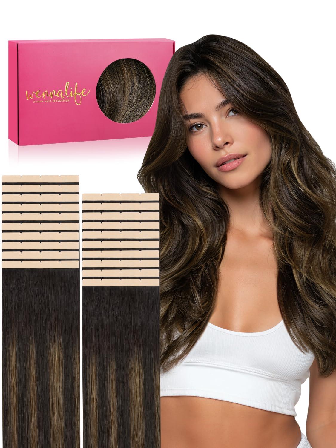 imageWENNALIFE 8cm Tape in Hair Extensions Real Human Hair Tape Weft Hair Extensions Human Hair 18 Inch 50g 10pcs Dark Brown Luxury Remy Hair Straight Extensiones De Cabello Hmano262 Balayage Dark Brown Mixed Chestnut Brown