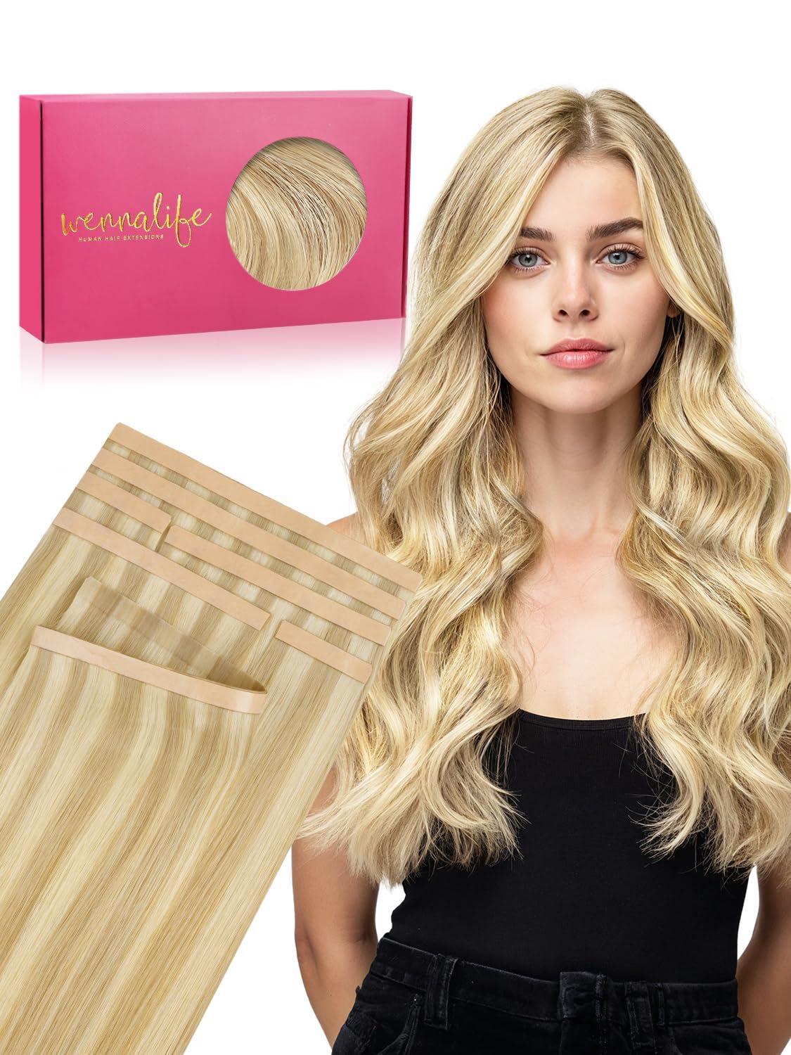 imageWENNALIFE 8cm Tape in Hair Extensions Real Human Hair Tape Weft Hair Extensions Human Hair 18 Inch 50g 10pcs Dark Brown Luxury Remy Hair Straight Extensiones De Cabello Hmano1622 Light Blonde Highlighted Golden Blonde