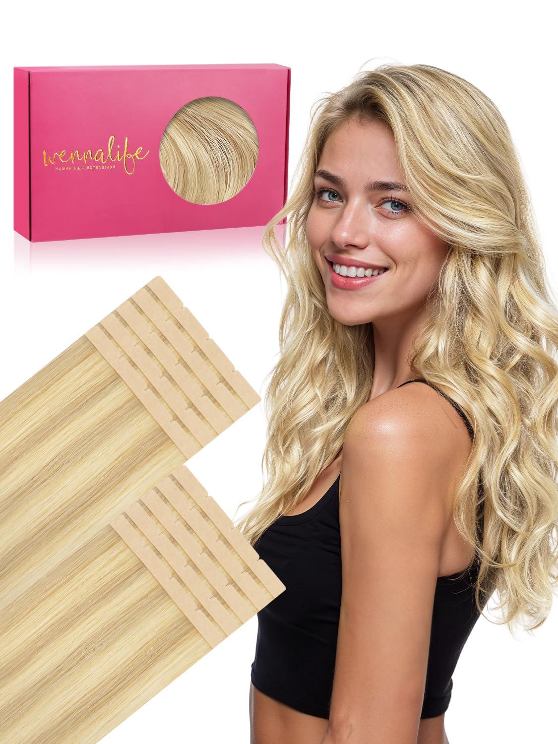 imageWENNALIFE 8cm Tape in Hair Extensions Real Human Hair Tape Weft Hair Extensions Human Hair 18 Inch 50g 10pcs Dark Brown Luxury Remy Hair Straight Extensiones De Cabello Hmano1622 Light Blonde Highlighted Golden Blonde