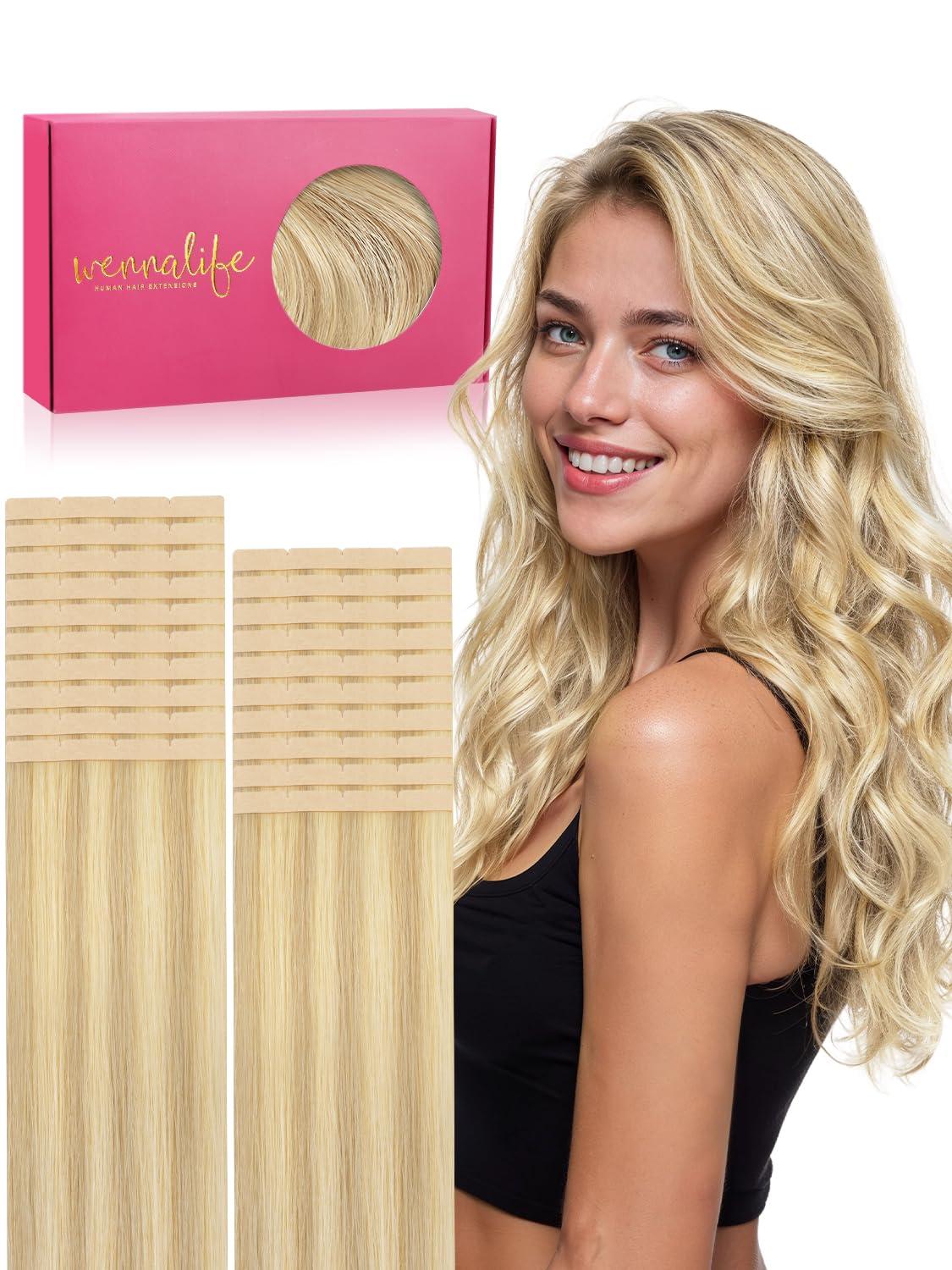 imageWENNALIFE 8cm Tape in Hair Extensions Real Human Hair Tape Weft Hair Extensions Human Hair 18 Inch 50g 10pcs Dark Brown Luxury Remy Hair Straight Extensiones De Cabello Hmano1622 Light Blonde Highlighted Golden Blonde