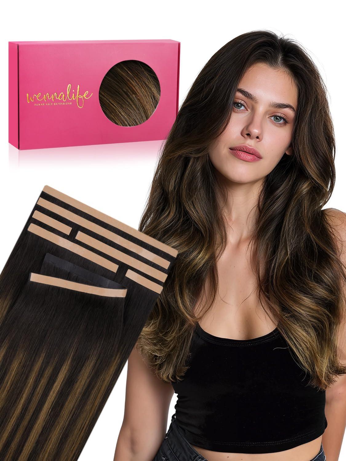 imageWENNALIFE 8cm Tape in Hair Extensions Real Human Hair Tape Weft Hair Extensions Human Hair 18 Inch 50g 10pcs Dark Brown Luxury Remy Hair Straight Extensiones De Cabello Hmano262 Balayage Dark Brown Mixed Chestnut Brown