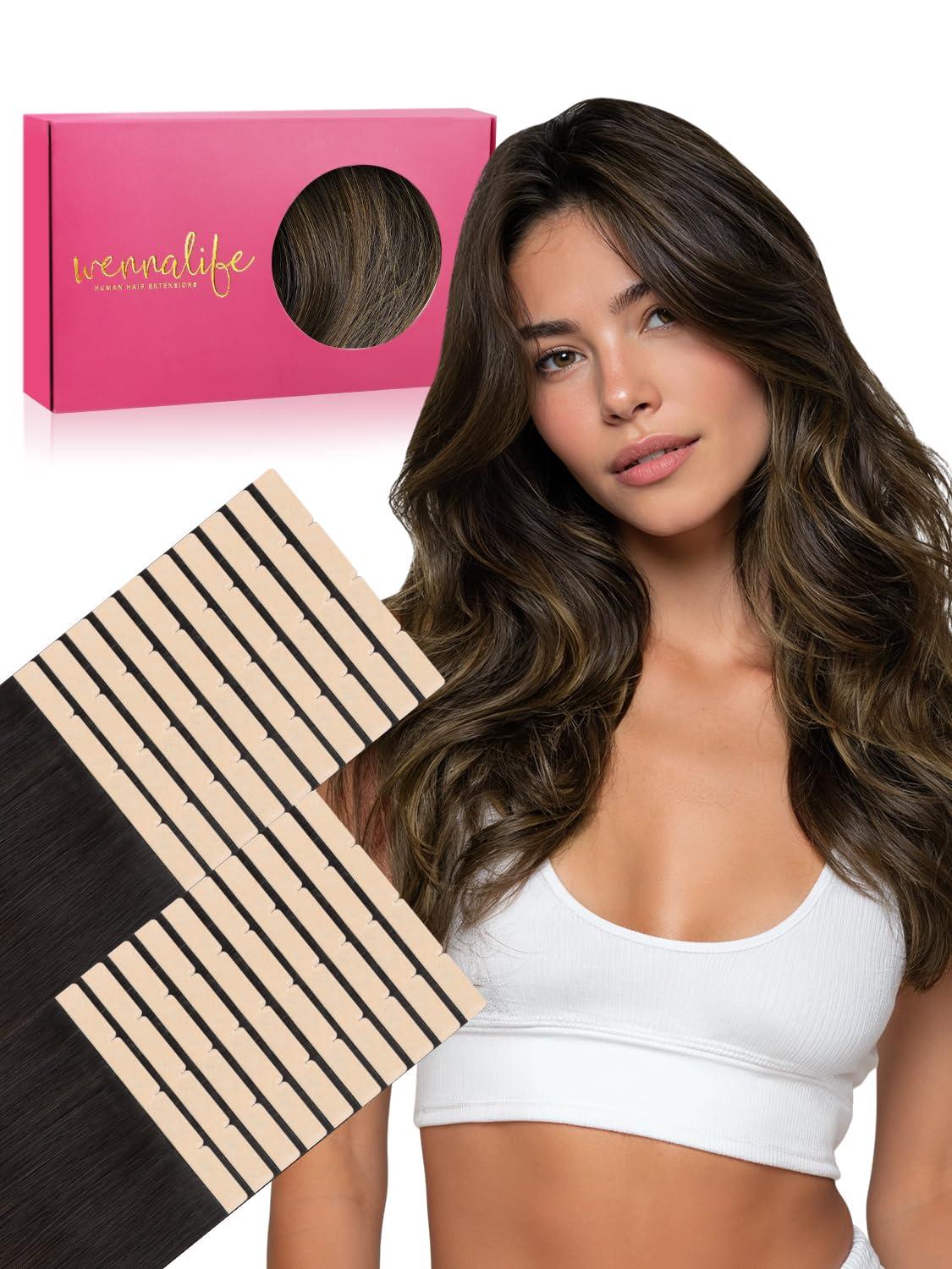 imageWENNALIFE 8cm Tape in Hair Extensions Real Human Hair Tape Weft Hair Extensions Human Hair 18 Inch 50g 10pcs Dark Brown Luxury Remy Hair Straight Extensiones De Cabello Hmano262 Balayage Dark Brown Mixed Chestnut Brown