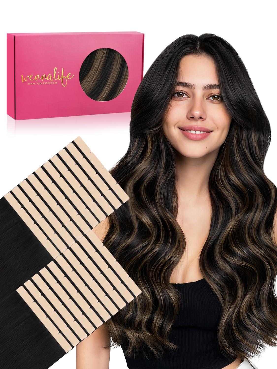 imageWENNALIFE 8cm Tape in Hair Extensions Real Human Hair Tape Weft Hair Extensions Human Hair 18 Inch 50g 10pcs Dark Brown Luxury Remy Hair Straight Extensiones De Cabello Hmano1B61B Balayage Natural Black to Chestnut Brown