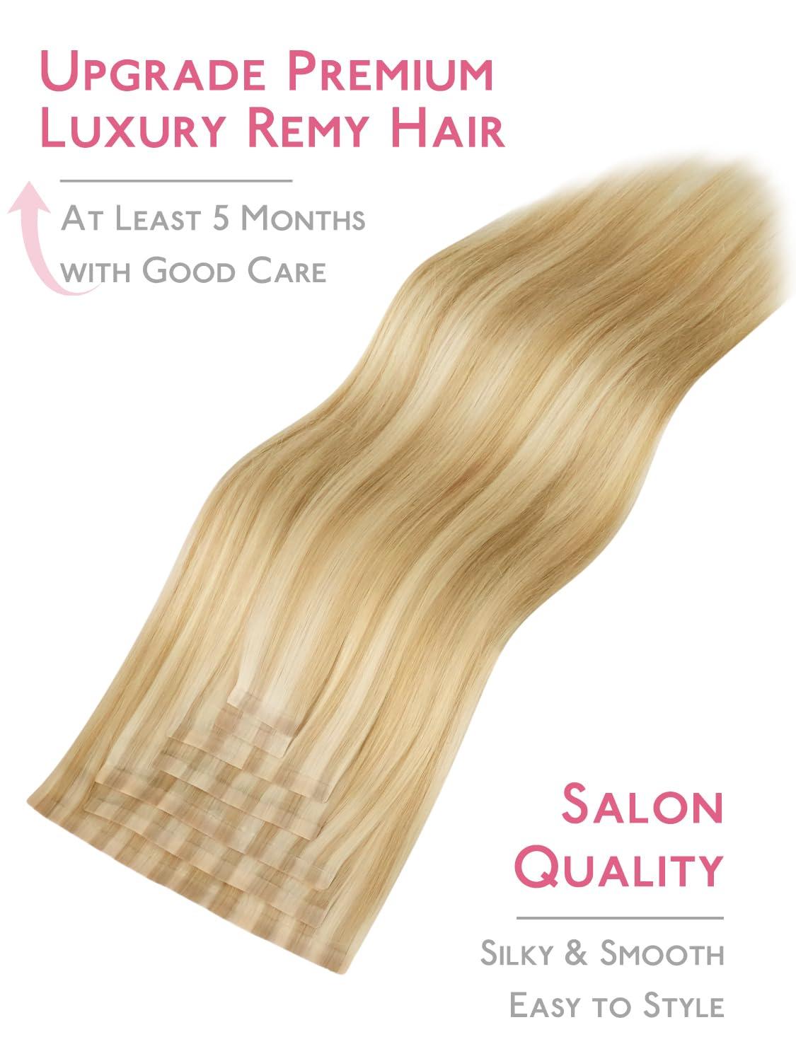 imageWENNALIFE 8cm Tape in Hair Extensions Real Human Hair Tape Weft Hair Extensions Human Hair 18 Inch 50g 10pcs Dark Brown Luxury Remy Hair Straight Extensiones De Cabello Hmano1622 Light Blonde Highlighted Golden Blonde