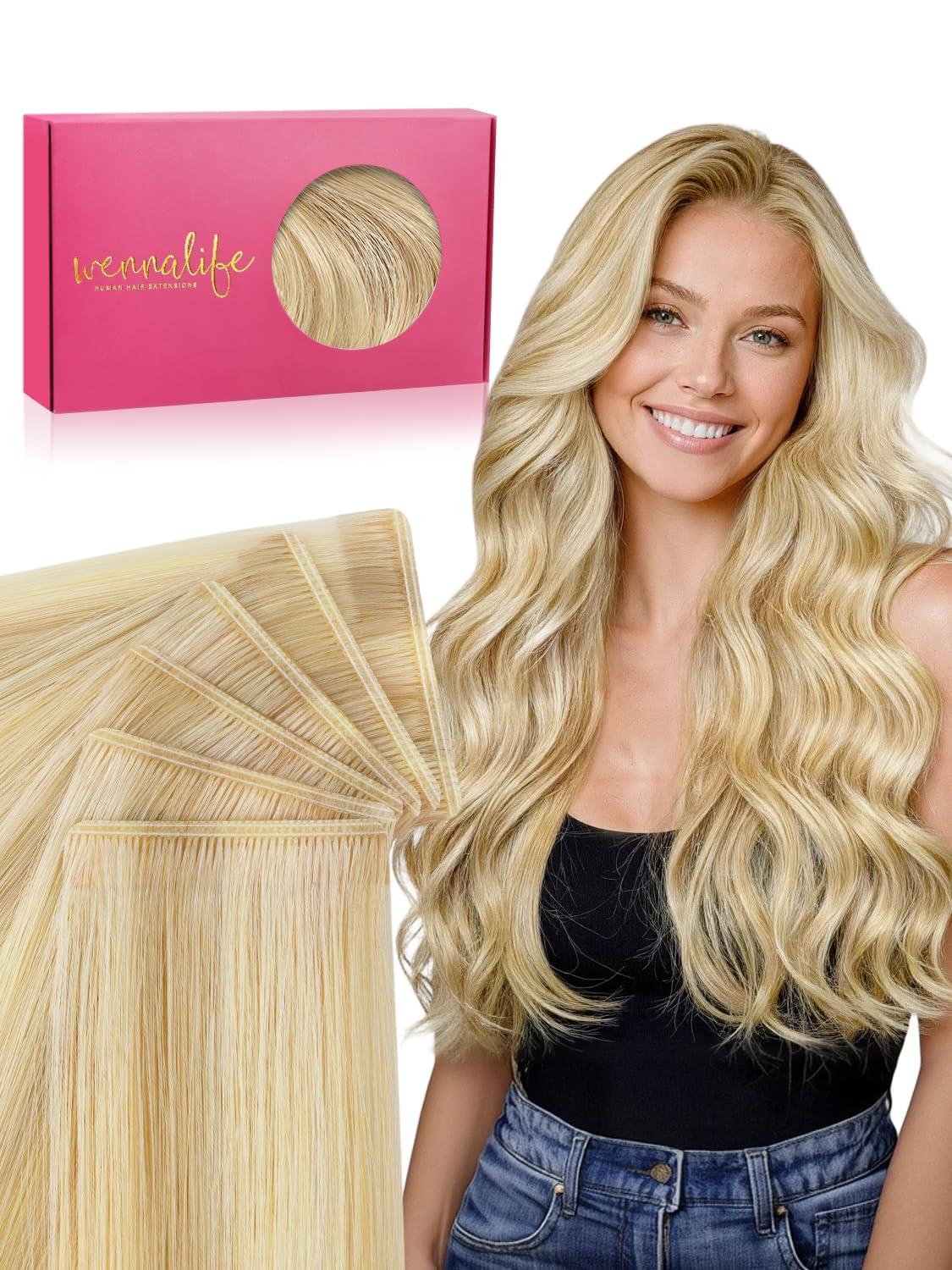 imageWENNALIFE 8cm Tape in Hair Extensions Real Human Hair Tape Weft Hair Extensions Human Hair 18 Inch 50g 10pcs Dark Brown Luxury Remy Hair Straight Extensiones De Cabello Hmano1622 Light Blonde Highlighted Golden Blonde