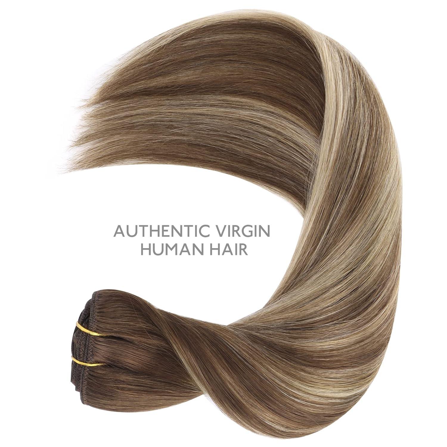 imageWENNALIFE Clip in Hair Extensions Real Human Remy Hair 18 Inch 120g 7pcs Balayage Chocolate Brown to Honey Blonde
