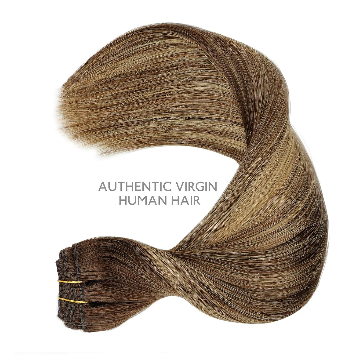 imageWENNALIFE Clip in Hair Extensions 150g 18 Inch 9pcs Balayage Chocolate Brown to Honey Blonde Remy Hair Thicker Double Weft Extensiones De Cabello Humano Con Clip Ins Straight Full Volume
