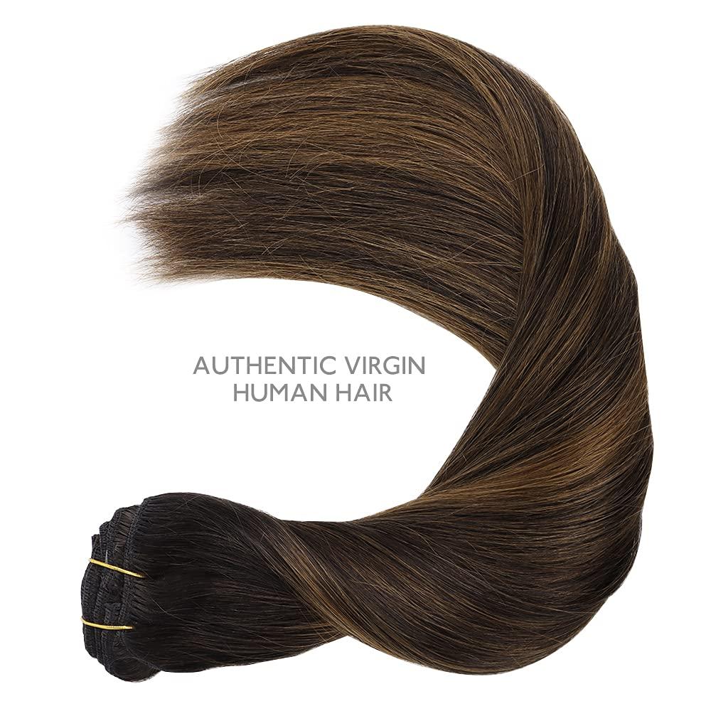 imageWENNALIFE Clip in Hair Extensions 150g 18 Inch 9pcs Balayage Dark Brown to Chestnut Brown Remy Hair Thicker Double Weft Extensiones De Cabello Humano Con Clip Ins Straight Full Volume