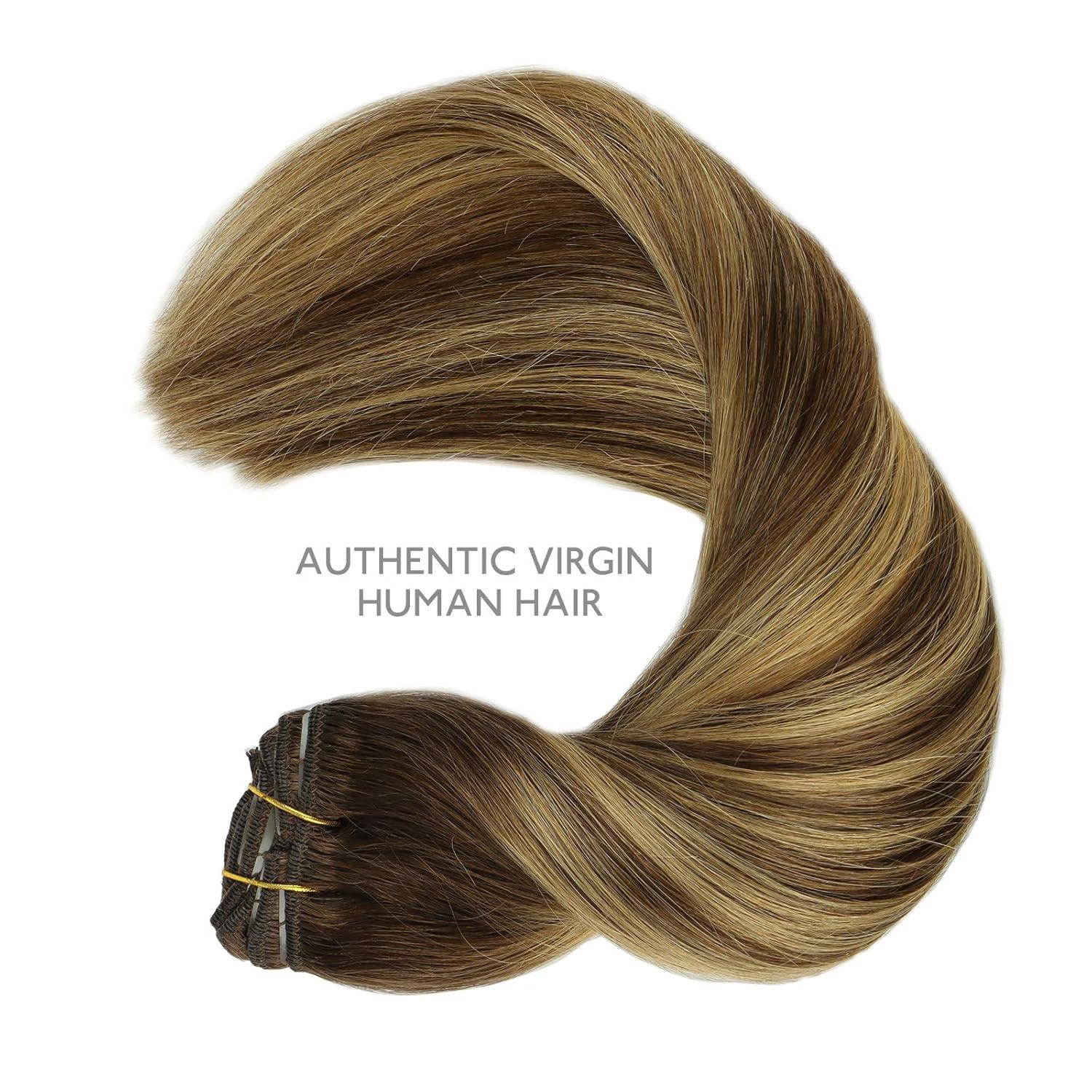 imageWENNALIFE Clip in Hair Extensions Real Human Hair 18 Inch 120g 7pcs Balayage Chocolate Brown to Caramel Blonde Hair Extensions Clip in Human Hair Remy Clip in Hair Extensions Real Human Hair