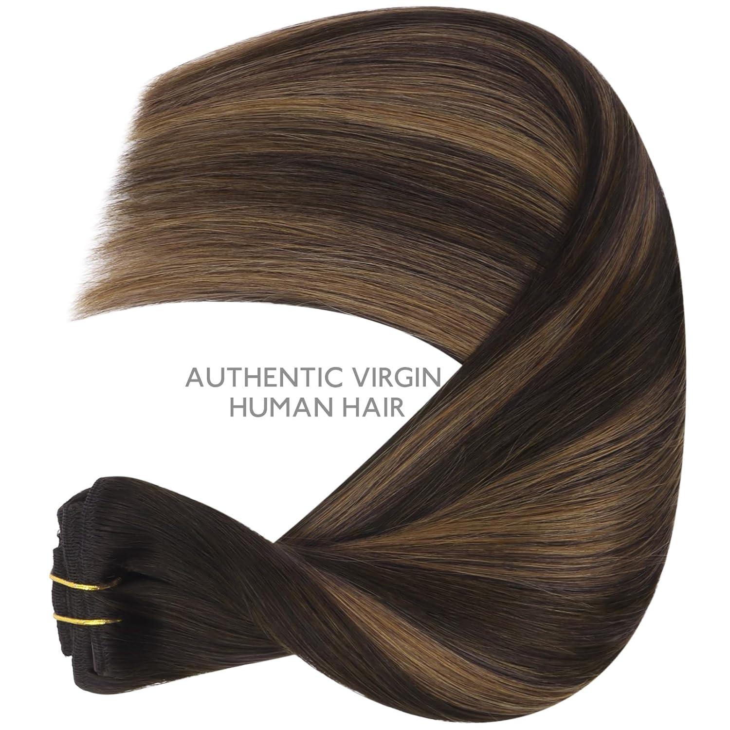imageWENNALIFE Clip in Hair Extensions Real Human Hair 18 Inch 120g 7pcs Dark Brown to Chestnut Brown Balayage Hair Extensions Clip In Human Hair Remy Clip Real Human Hair Double Weft