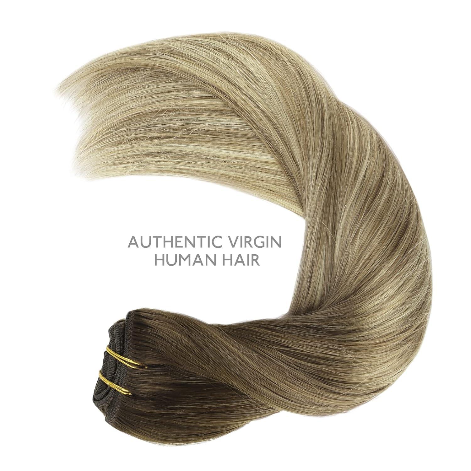 imageWENNALIFE Clip in Hair Extensions Real Human Hair 18 Inch 120g 7pcs Ombre Walnut Brown to Ash Brown and Bleach Blonde Clip in Human Hair Remy Clip in Hair Extensions Real Human Hair Double Weft