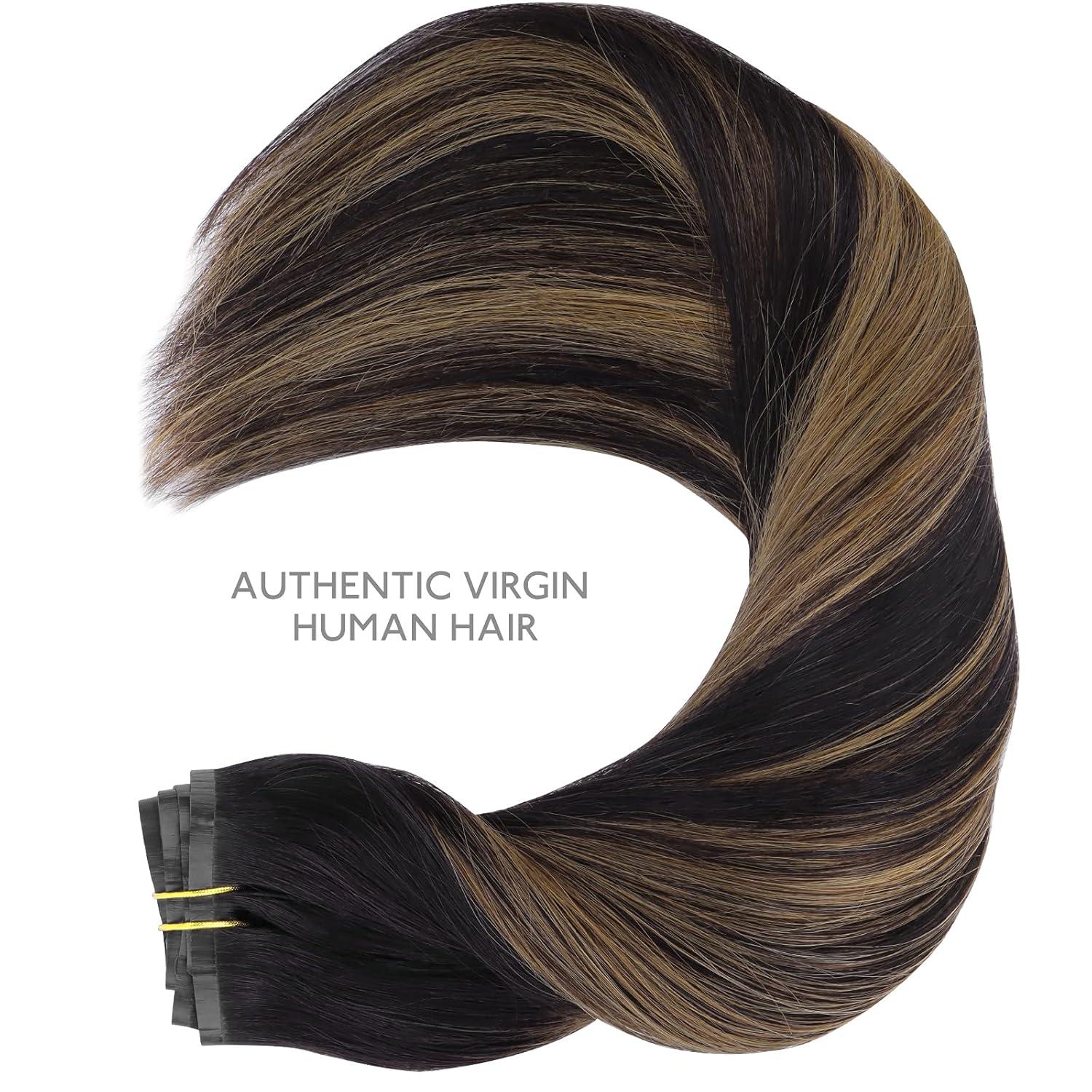 imageWENNALIFE Seamless Clip In Hair Extensions 16 Inch 130g 7pcs Natural Black Mixed Chestnut Brown Hair Extensions Clip in Human Hair Invisible PU Skin Weft Natural Remy Human Hair Extensions