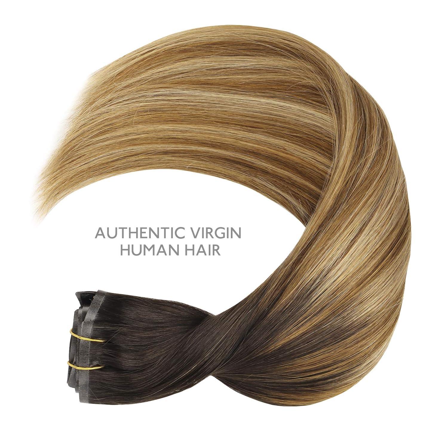 imageWENNALIFE Seamless Clip In Hair Extensions 18 Inch 130g 7pcs Dark Brown to Chestnut Brown and Dirty Blonde Hair Extensions Clip in Human Hair Invisible PU Skin Weft Remy Human Hair Extension