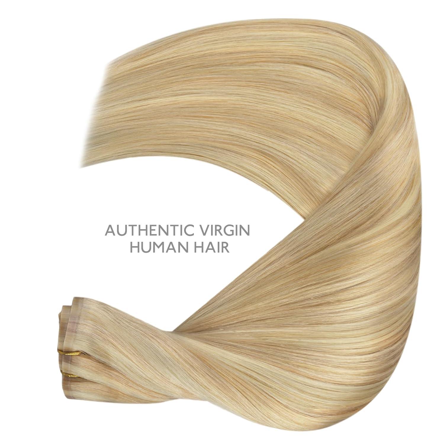 imageWENNALIFE Seamless Clip In Hair Extensions 18 Inch 7pcs 130g Light Blonde Highlighted Golden Blonde Hair Extensions Clip In Real Human Hair Extensions Invisible PU Weft Human
