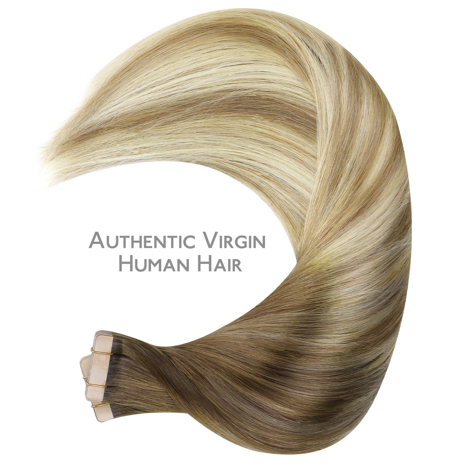 imageWENNALIFE Tape in Hair Extensions Human Hair 40pcs 100g 14 inch Ombre Walnut Brown to Ash Brown and Bleach Blonde Hair Extensions Real Human Hair Straight Tape in Extensions Real Human Hair Extension