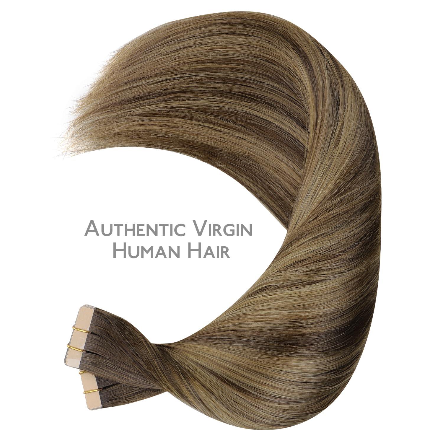 imageWENNALIFE Tape in Hair Extensions Human Hair 40pcs 100g 18 inch Balayage Chocolate Brown to Caramel Blonde Hair Extensions Real Human Hair Straight Tape in Extensions Reusable Real Hair Extensions