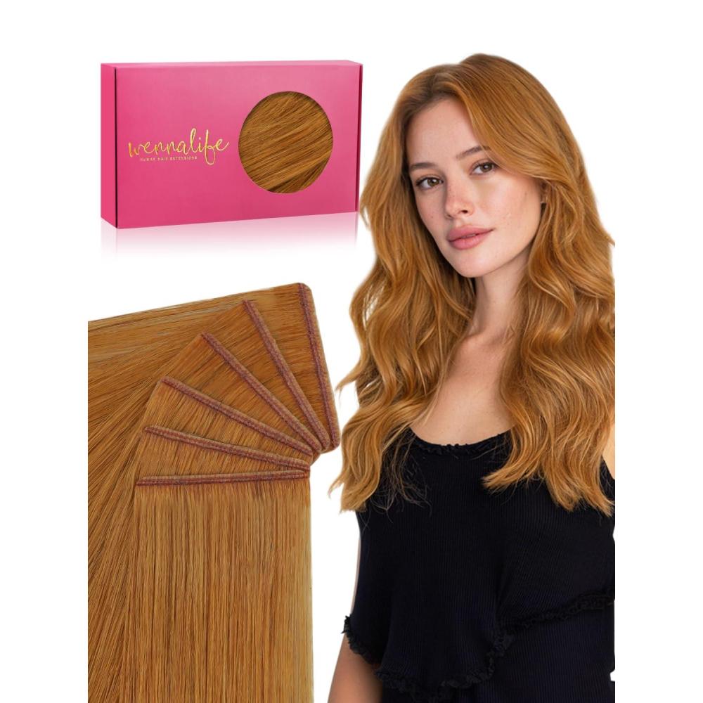 imageWENNALIFE 8cm Tape in Hair Extensions Real Human Hair Tape Weft Hair Extensions Human Hair 18 Inch 50g 10pcs Dark Brown Luxury Remy Hair Straight Extensiones De Cabello Hmano30 Auburn Ginger