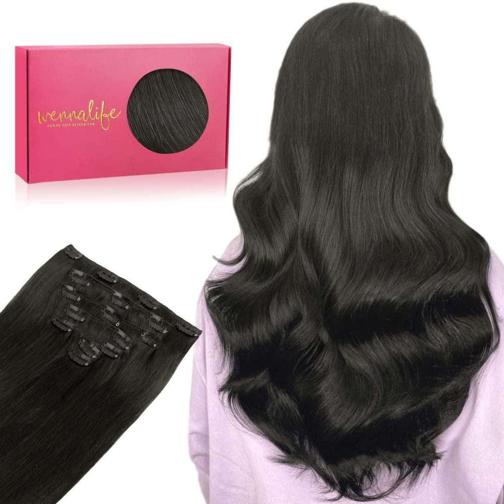imageWENNALIFE Clip in Hair Extensions 70g 20 Inch Natural Black Hair Extensions Real Human Hair Short Remy Clip in Hair Extensions Virgin Human Hair Double Weft for Women