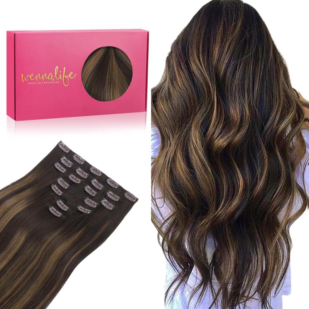 imageWENNALIFE Clip in Hair Extensions Real Human Hair 18 Inch 120g 7pcs Dark Brown to Chestnut Brown Balayage Hair Extensions Clip In Human Hair Remy Clip Real Human Hair Double Weft