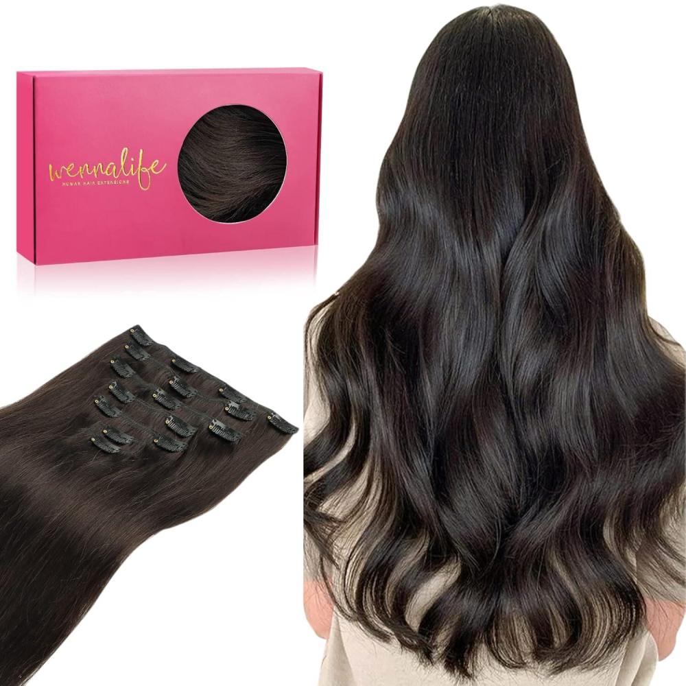 imageWENNALIFE Clip in Hair Extensions Real Human Hair 18 Inch 120g 7pcs Human Hair Extensions Clip Ins Dark Brown Coloured Remy Hair