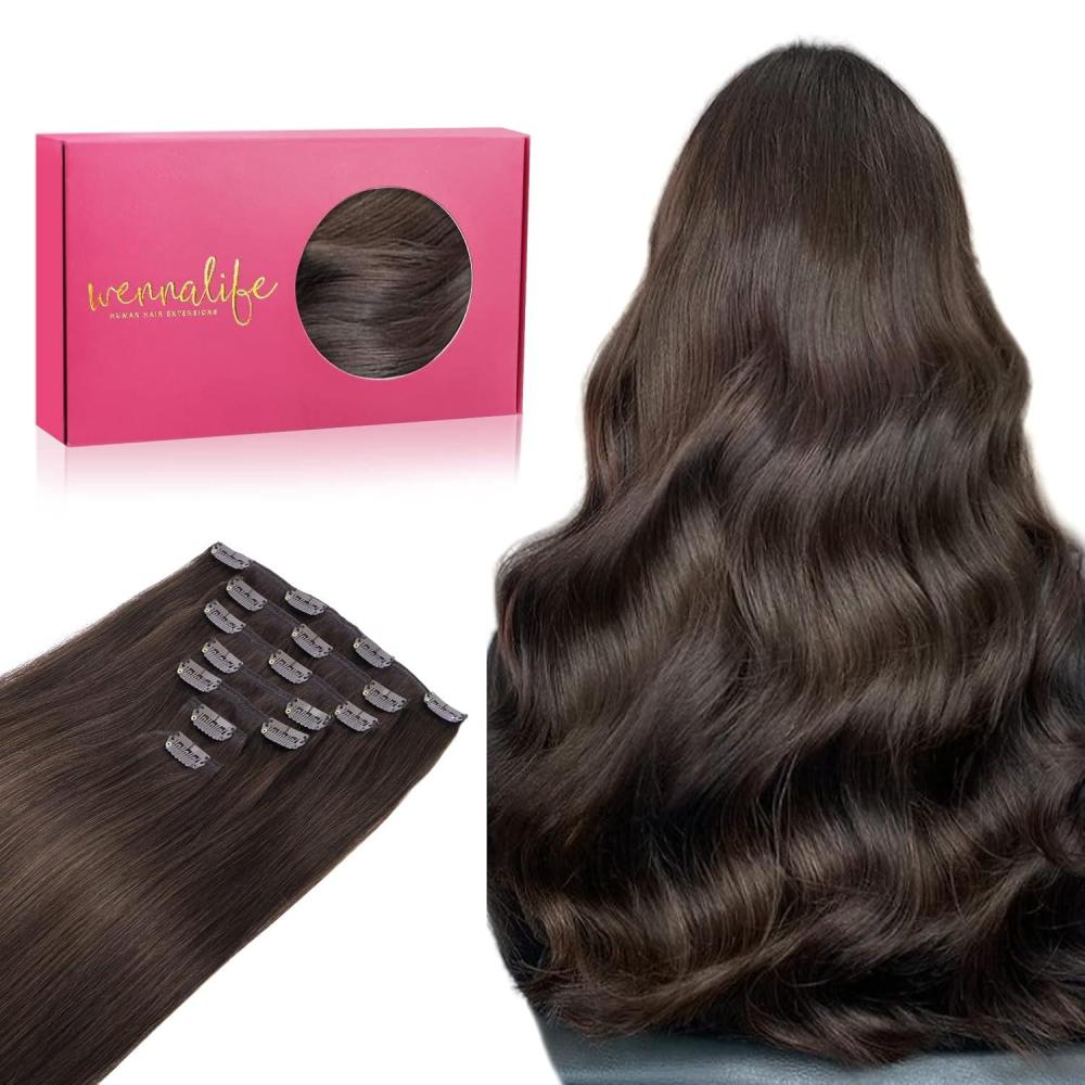 imageWENNALIFE Clip in Hair Extensions Real Human Hair 18 Inch 120g 7pcs Light Dark Brown Remy Hair Double Weft Straight Natural Extensiones De Cabello Humano Con Clip Ins