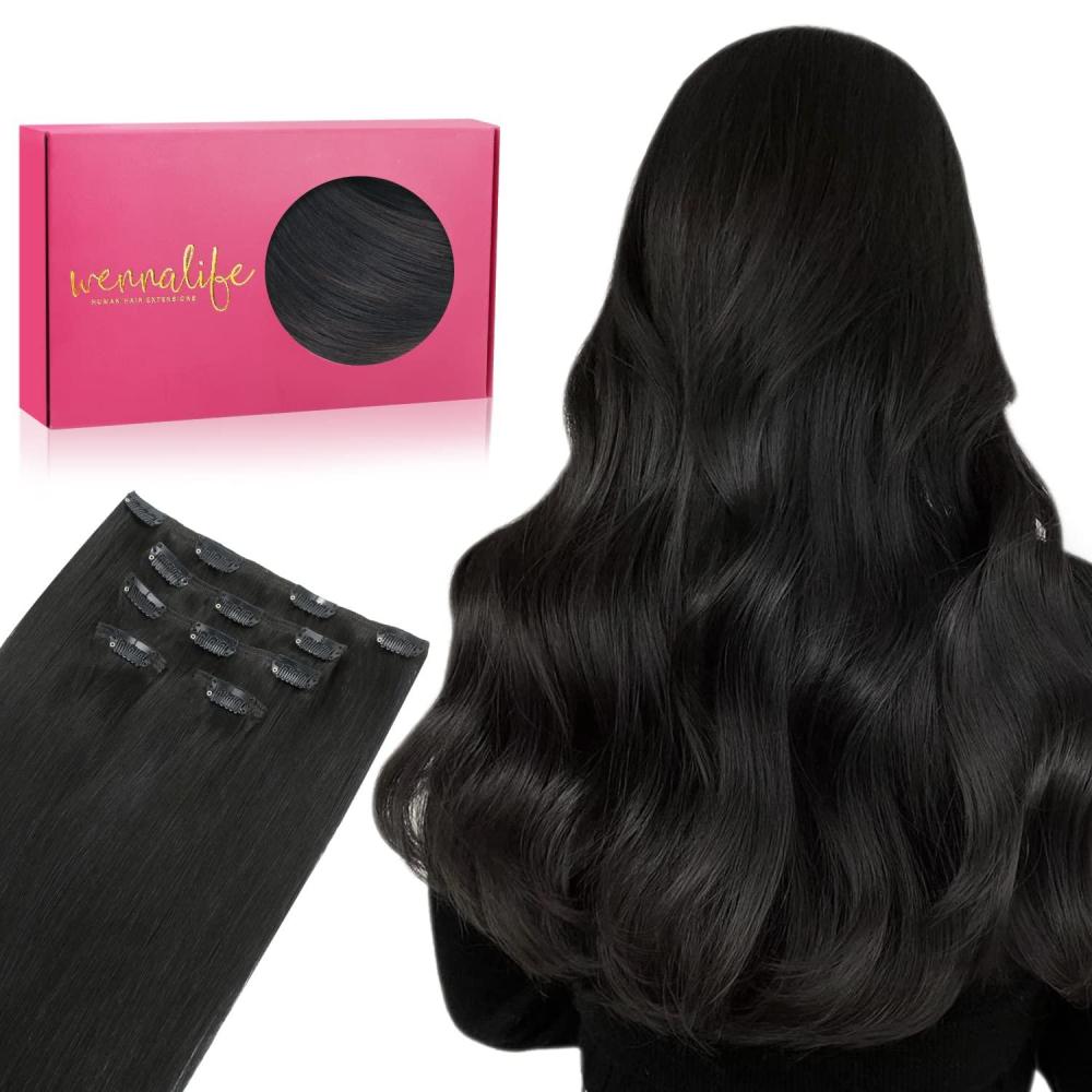 imageWENNALIFE Clip in Hair Extensions Real Human Hair 80g 5pcs 18 Inch Remy Natural Black Virgin Ins 1B Natural Black WE75CP1B18