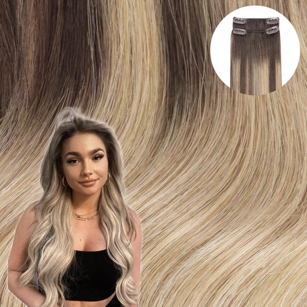 imageWENNALIFE Clip in Hair Extensions Real Human Hair Refill 30g 22 inch 2pcs Balayage Chocolate Brown to Dirty Blonde Hair Extensions Clip in Human Hair for Hair Loss and Thinning Hair Straight Remy