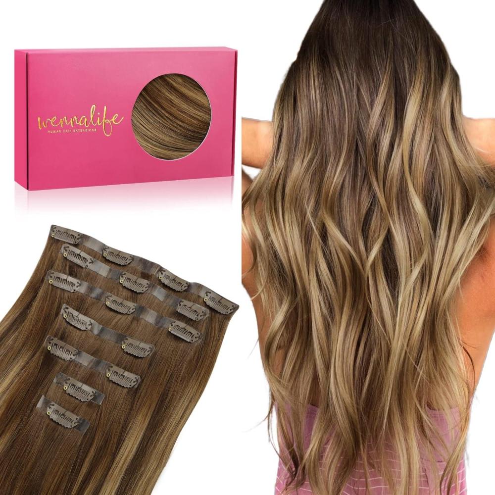 imageWENNALIFE Seamless Clip In Hair Extensions 18 Inch 130g 7pcs Balayage Chocolate Brown to Caramel Blonde Hair Extensions Clip in Human Hair Invisible PU Skin Weft Natural Remy Human Hair Extensions