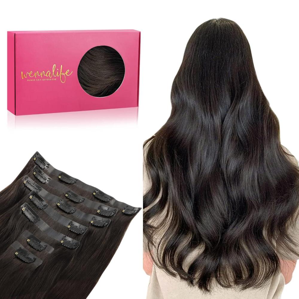 imageWENNALIFE Seamless Clip In Hair Extensions 18 Inch 130g 7pcs Dark Brown Hair Extensions Clip in Human Hair Invisible PU Skin Weft Natural Remy Human Hair Extensions