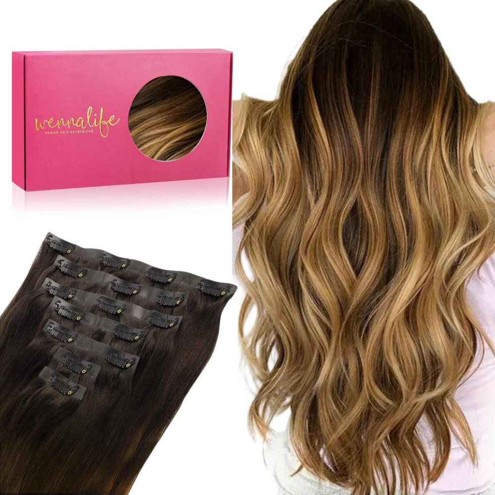 imageWENNALIFE Seamless Clip In Hair Extensions 18 Inch 130g 7pcs Dark Brown to Chestnut Brown and Dirty Blonde Hair Extensions Clip in Human Hair Invisible PU Skin Weft Remy Human Hair Extension
