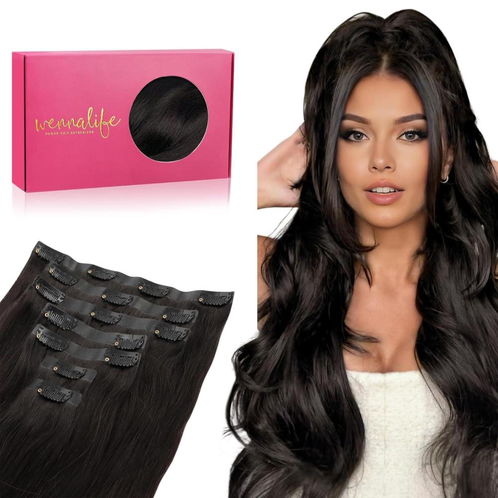 imageWENNALIFE Seamless Clip In Hair Extensions 18 Inch 130g 7pcs Natural Black Hair Extensions Clip in Human Hair Invisible PU Skin Weft Natural Remy Human Hair Extensions