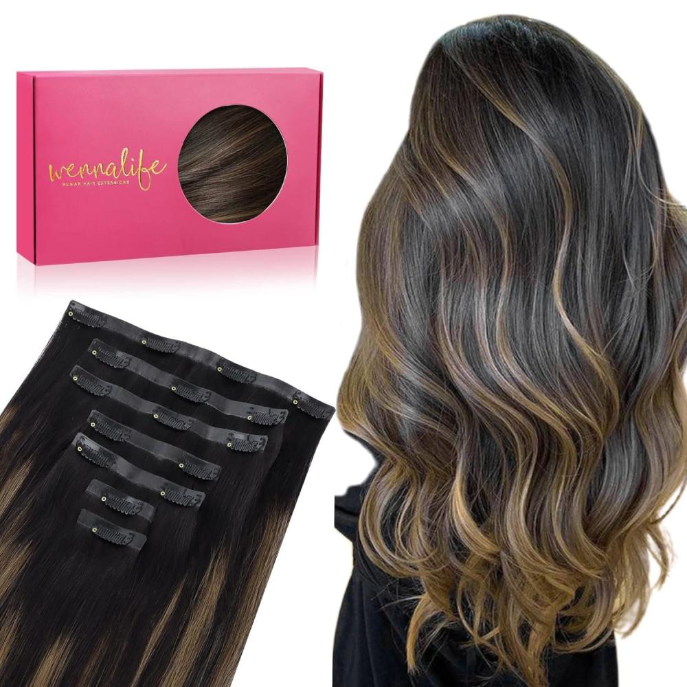 imageWENNALIFE Seamless Clip In Hair Extensions 18 Inch 130g 7pcs Natural Black Mixed Chestnut Brown Hair Extensions Clip in Human Hair Invisible PU Skin Weft Natural Remy Human Hair Extensions