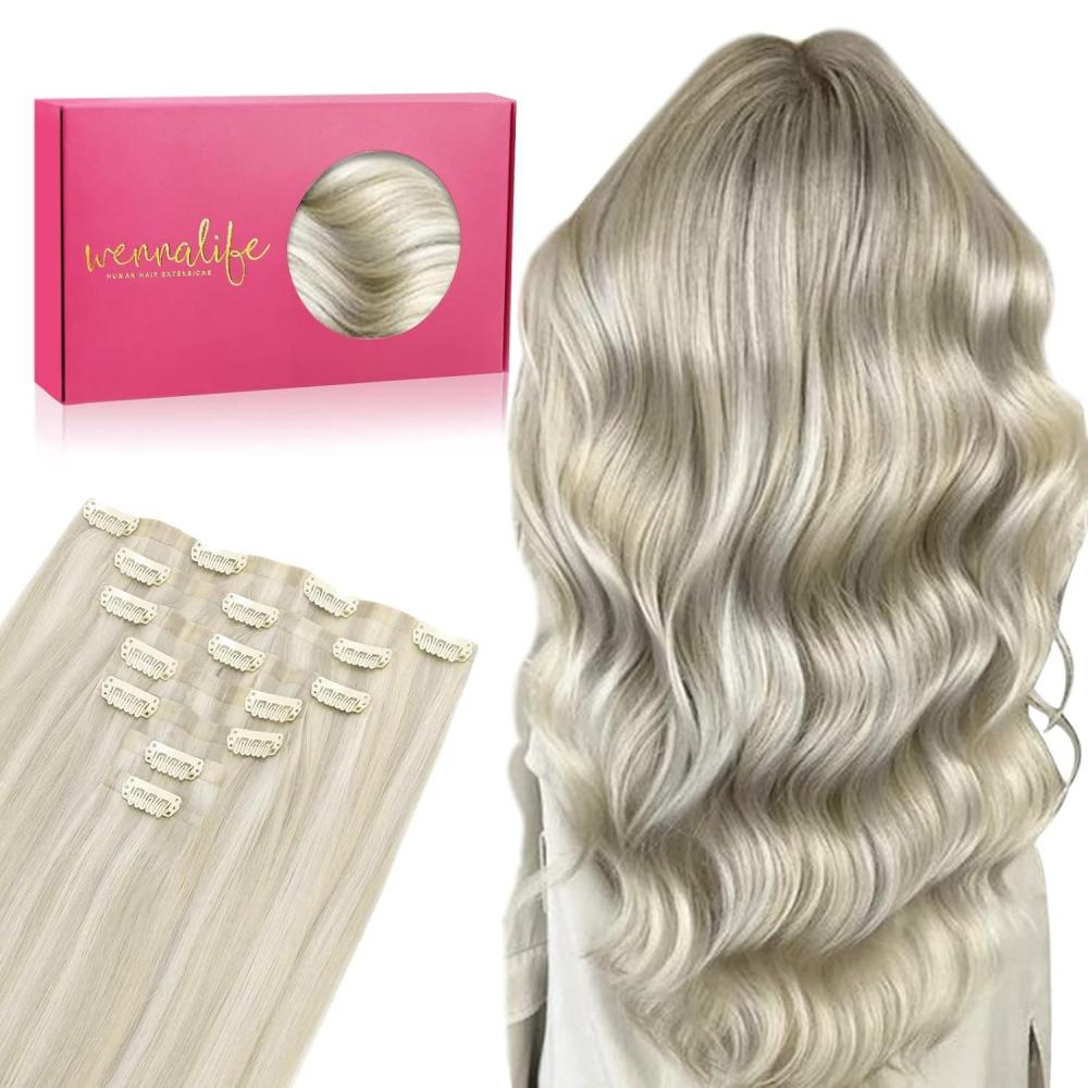 imageWENNALIFE Seamless Clip In Hair Extensions 18 Inch 7pcs 130g Ash Blonde Highlighted Platinum Blonde Human Hair Extensions Invisible PU Weft