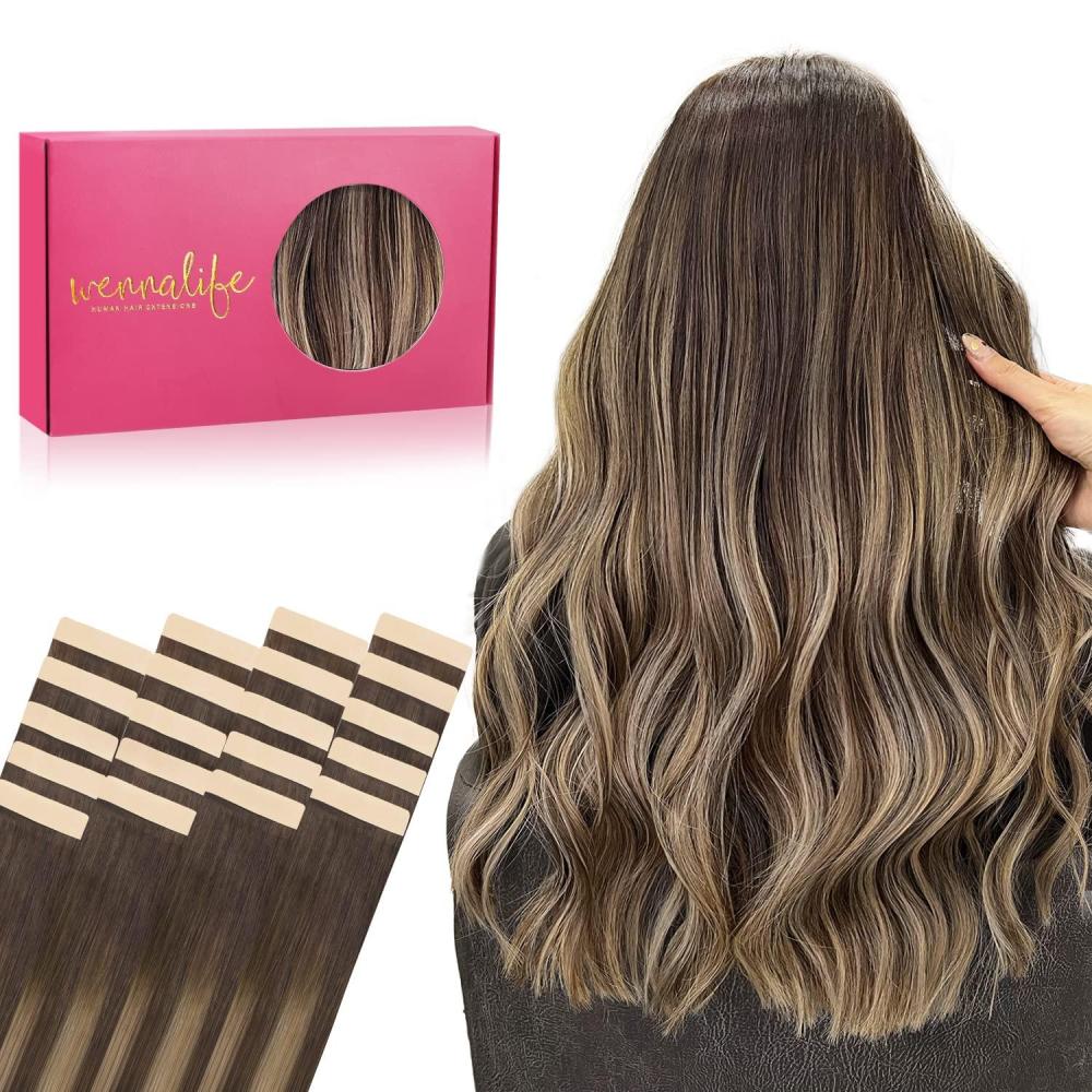 imageWENNALIFE Tape in Hair Extensions Human Hair 20pcs 18 inch 50g Balayage Chocolate Brown to Honey Blonde Remy Tape Hair Extensions Real Human Hair Tape Extensions Coloured Hair Extensions