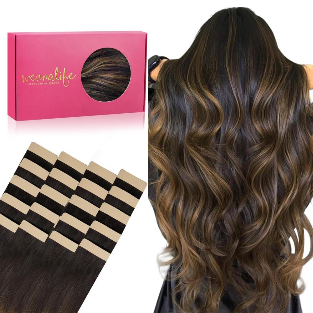 imageWENNALIFE Tape in Hair Extensions Human Hair 20pcs 18 inch 50g Balayage Dark Brown Mixed Chestnut Brown Remy Tape Hair Extensions Real Human Hair Extensions Coloured