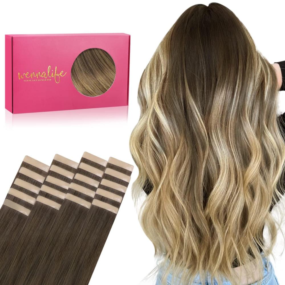 imageWENNALIFE Tape in Hair Extensions Human Hair 20pcs 18 inch 50g Ombre Walnut Brown to Ash Brown and Bleach Blonde Remy Tape Hair Extensions Real Human Hair Tape Extensions Coloured Hair Extensions
