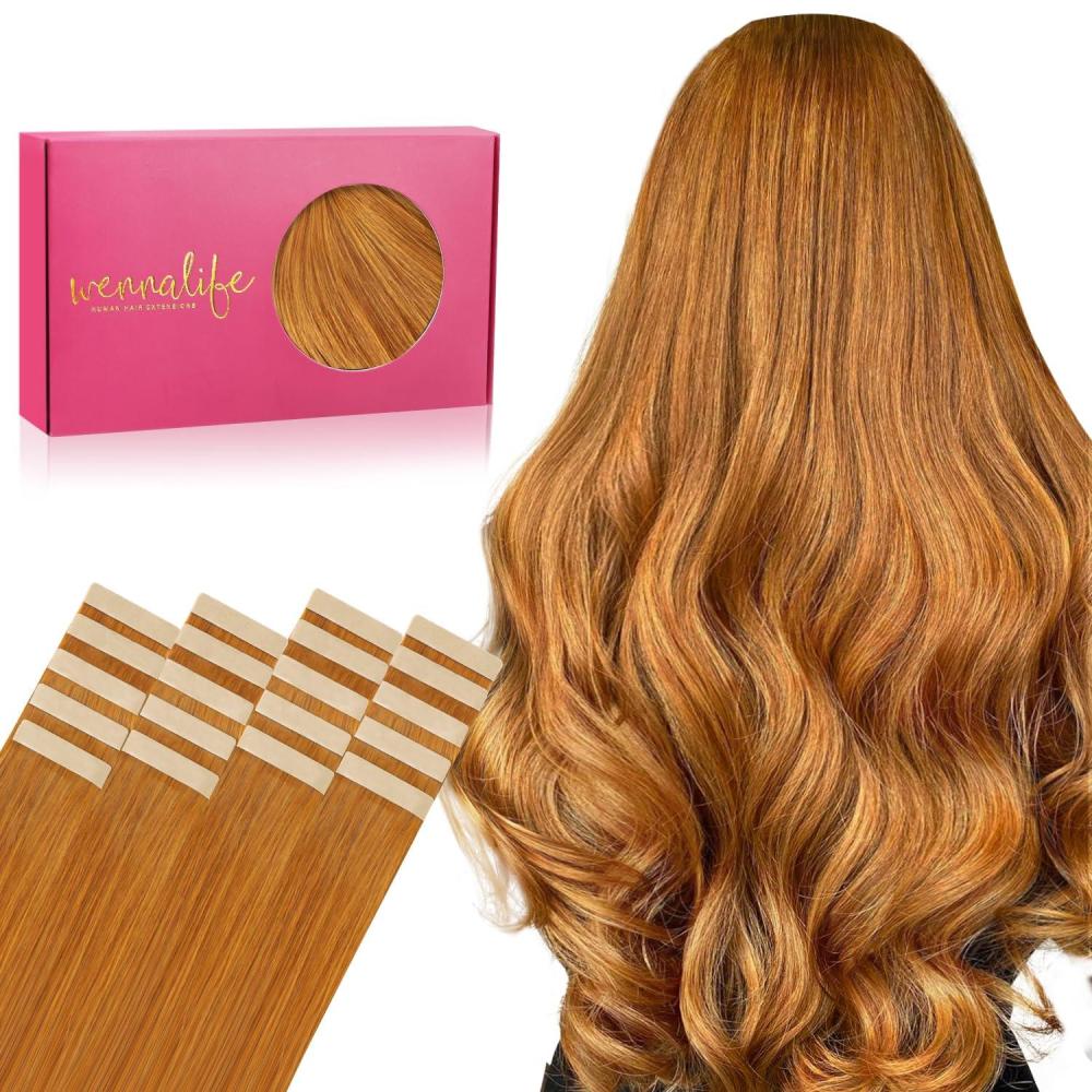 imageWENNALIFE Tape in Hair Extensions Human Hair 20pcs 50g 18 inch Auburn Ginger Remy Hair Extensions Straight Human Hair Tape in Extensions Skin Weft Tape Extensions Human Hair