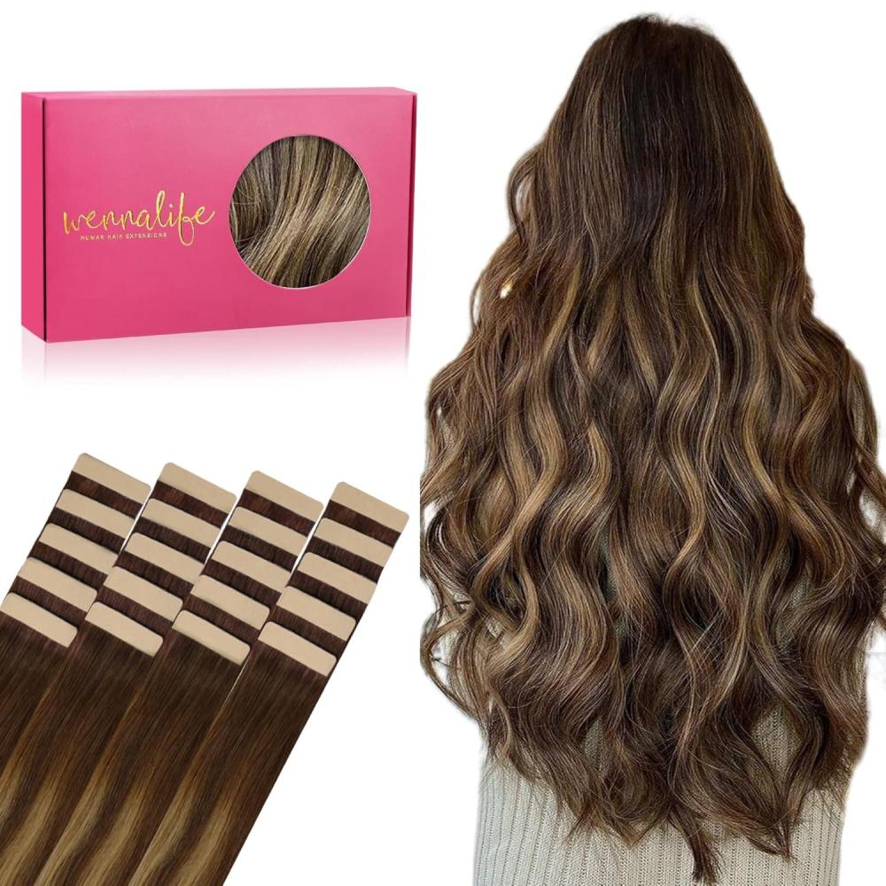 imageWENNALIFE Tape in Hair Extensions Human Hair 20pcs 50g 18 inch Balayage Chocolate Brown to Caramel Blonde Remy Hair Extensions Straight Human Hair Tape in Extensions Skin Weft Tape Extensions