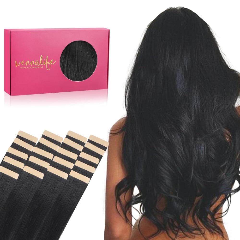 imageWENNALIFE Tape in Hair Extensions Human Hair 20pcs 50g 18 inch Jet Black Remy Hair Extensions Straight Human Hair Tape in Extensions Skin Weft Tape Extensions Human Hair