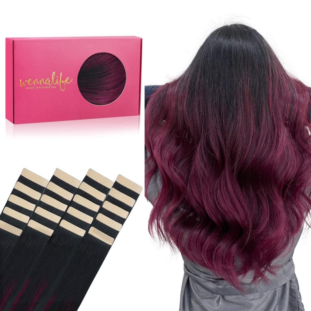 imageWENNALIFE Tape in Hair Extensions Human Hair 20pcs 50g 18 inch Ombre Jet Black to Burgundy Remy Hair Extensions Straight Human Hair Tape in Extensions Skin Weft Tape Extensions Human Hair