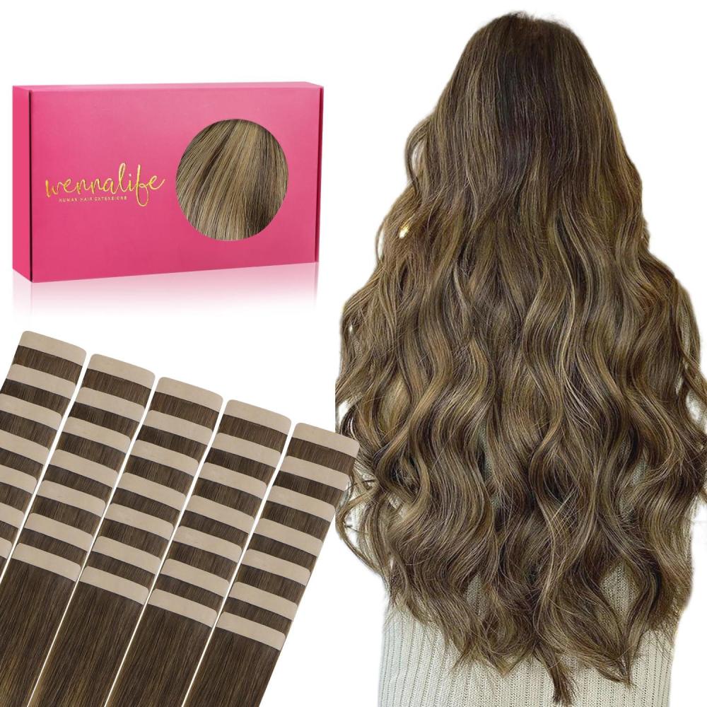 imageWENNALIFE Tape in Hair Extensions Human Hair 40pcs 100g 18 inch Balayage Chocolate Brown to Caramel Blonde Hair Extensions Real Human Hair Straight Tape in Extensions Reusable Real Hair Extensions