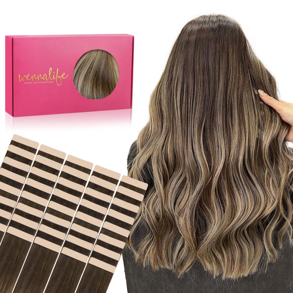 imageWENNALIFE Tape in Hair Extensions Human Hair 40pcs 100g 18 inch Balayage Chocolate Brown to Honey Blonde Hair Extensions Real Human Hair Straight Tape in Extensions Reusable Real Hair Extensions