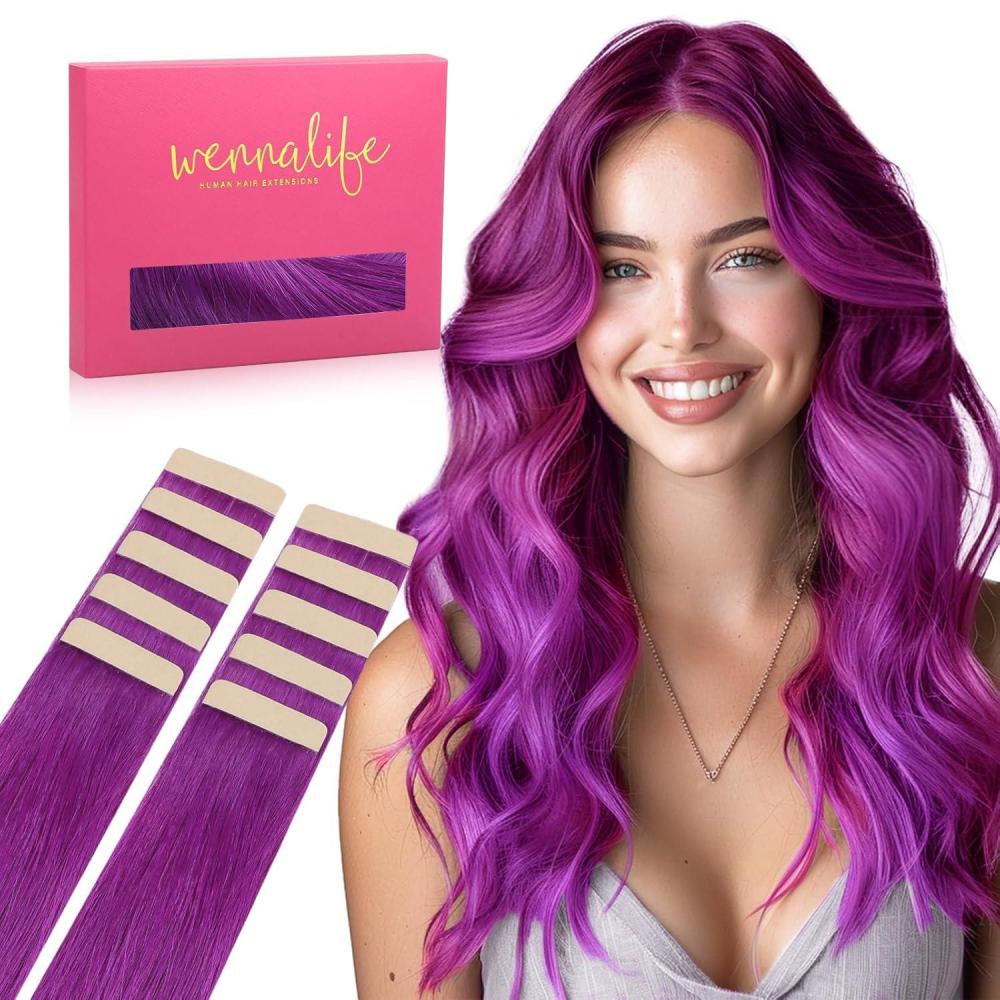 imageWENNALIFE Tape in Hair Extensions Human Hair Purple Tape in Extensions 10pcs 25g 18 inch Remy Invisible Tape Ins Straight Colored Soft Real Human Hair Tape in Extensions Refill Set Extensions