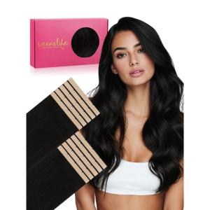 WENNALIFE 8cm Tape in Hair Extensions Real Human Hair, Tape Weft Hair Extensions Human Hair 18 Inch 50g 10pcs Dark Brown Luxury Remy Hair Straight Extensiones De Cabello Hmano(#1 Jet Black)