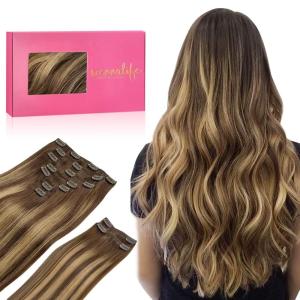 WENNALIFE Clip in Hair Extensions, 150g 18 Inch 9pcs Balayage Chocolate Brown to Honey Blonde Remy Hair Thicker Double Weft Extensiones De Cabello Humano Con Clip Ins Straight Full Volume