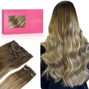 WENNALIFE Clip in Hair Extensions, 150g 18 Inch 9pcs Ombre Walnut Brown to Ash Brown and Bleach Blonde Human Hair Extensions Thicker Clip in Hair Extensions Real Human Hair Clip Set Double Weft