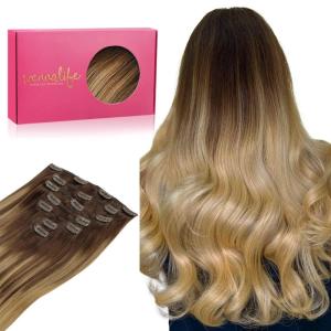 WENNALIFE Clip in Hair Extensions Real Human Hair, 18 Inch 120g 7pcs Balayage Chocolate Brown to Dirty Blonde Hair Extensions Clip In Human Hair Remy Clip in Hair Extensions Natural Human Hair