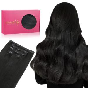 WENNALIFE Clip in Hair Extensions Real Human Hair, 80g 5pcs 18 Inch Remy Natural Black Virgin Ins, #1B Natural Black (WE75CP#1B-18)