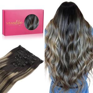 WENNALIFE Clip in Human Hair Extensions, 18 Inch 120g 7pcs Balayage Natural Black to Light Blonde Hair Extensions Remy Real Human Hair Double Weft