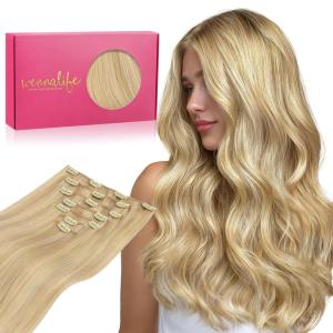 WENNALIFE Clip in Human Hair Extensions, 18 Inch 120g 7pcs Light Blonde Highlighted Golden Blonde Remy Hair Double Weft